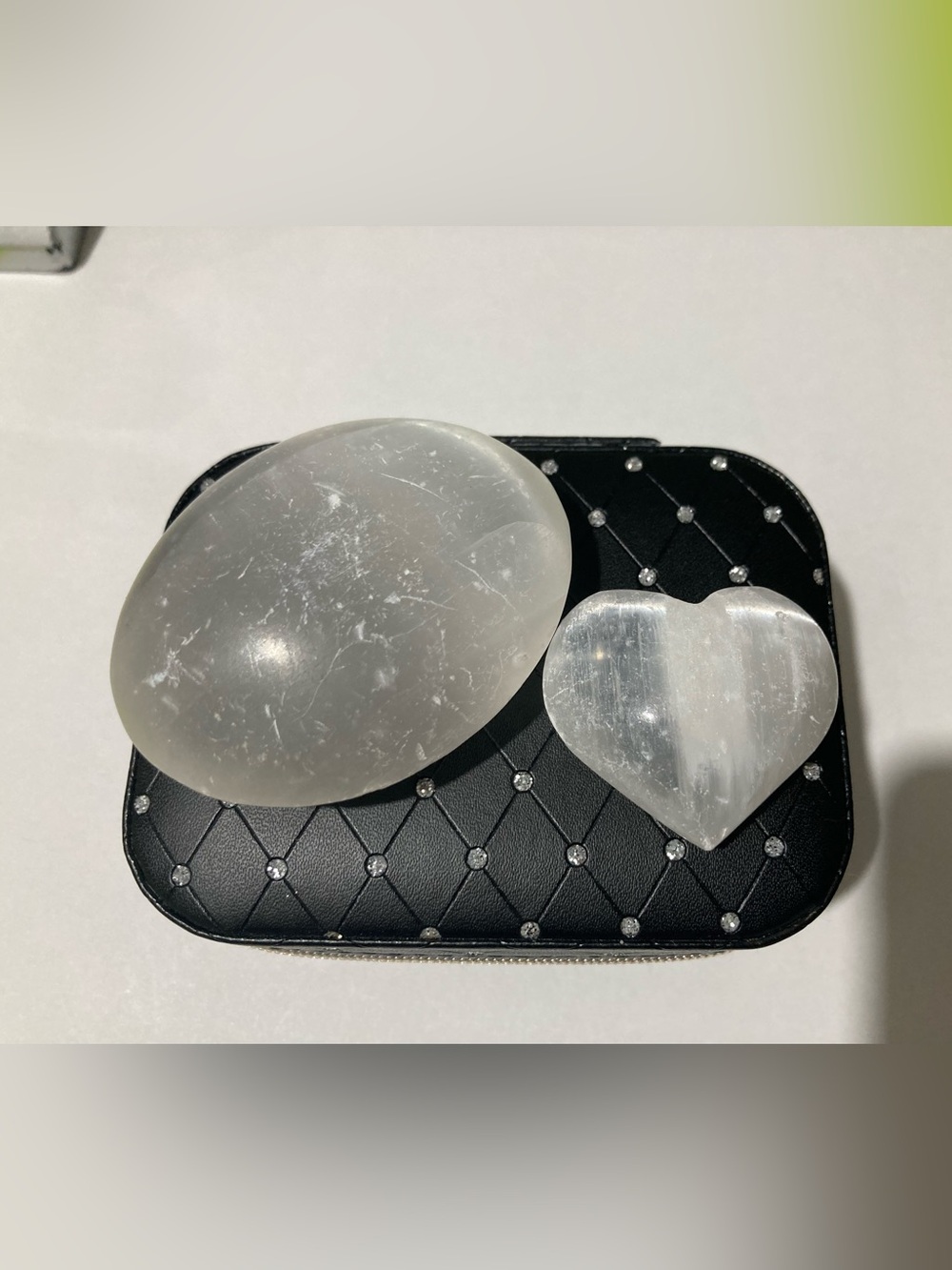 Selenite Palm Stone & Heart Set - Clear White Crystals